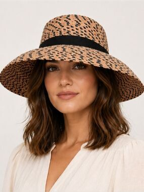 Tula Handwoven Palm Straw Sun Hat 4.5” Brim Black Band 22” Boho Resort
